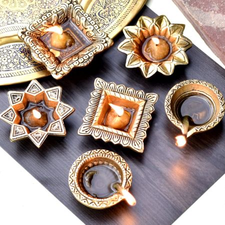 Golden Brass Diwali Diya Designer Decorative Deepak Pack of 6 Diyas